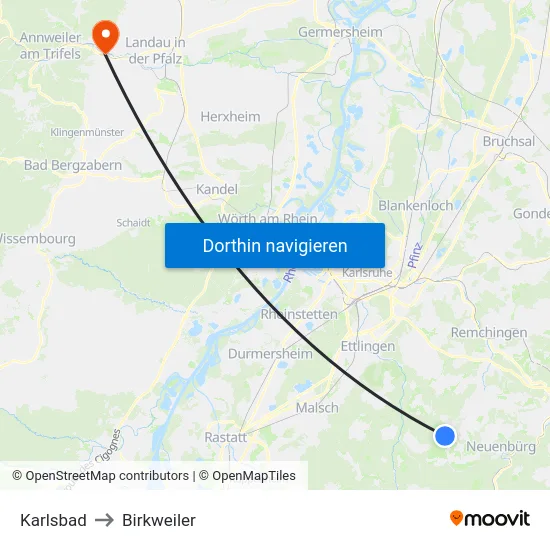 Karlsbad to Birkweiler map