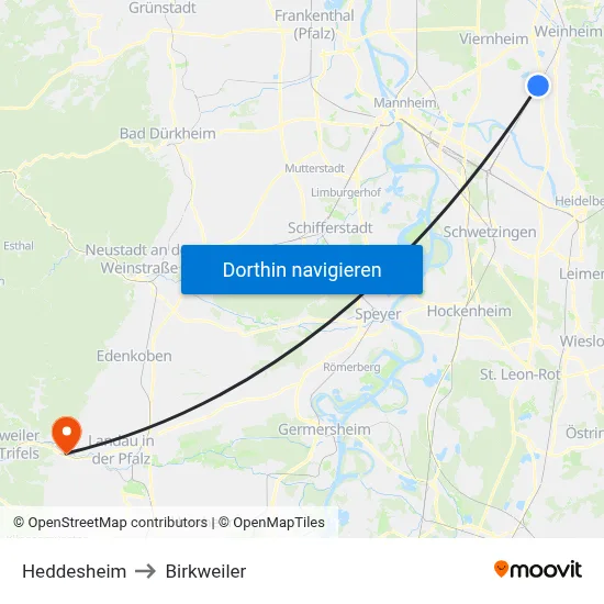 Heddesheim to Birkweiler map