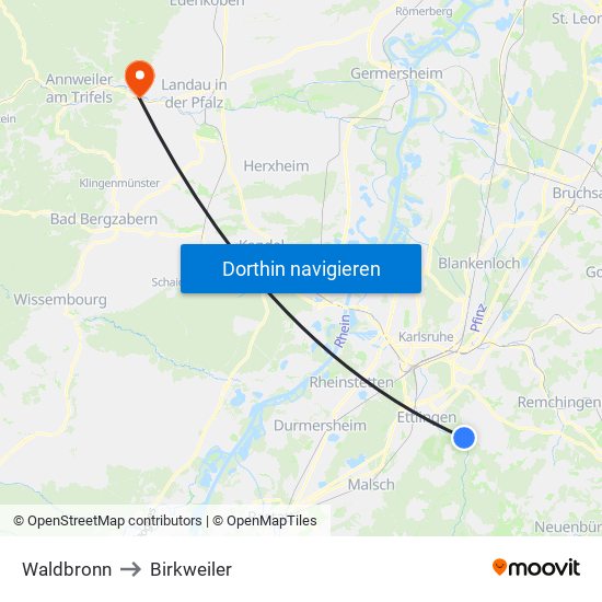 Waldbronn to Birkweiler map