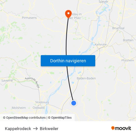 Kappelrodeck to Birkweiler map