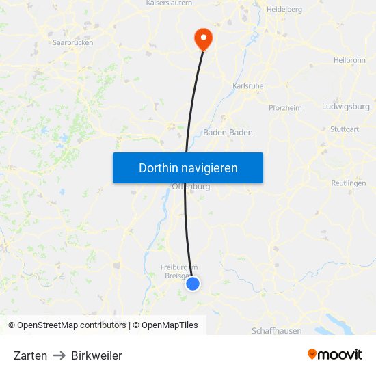Zarten to Birkweiler map