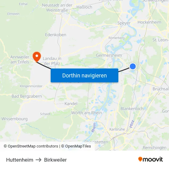Huttenheim to Birkweiler map
