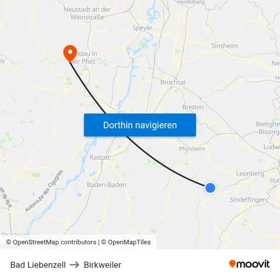 Bad Liebenzell to Birkweiler map