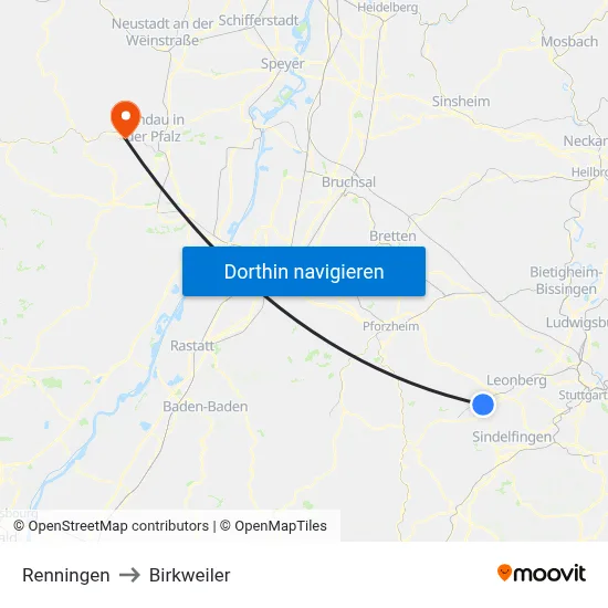 Renningen to Birkweiler map