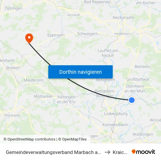 Gemeindeverwaltungsverband Marbach am Neckar to Kraichtal map