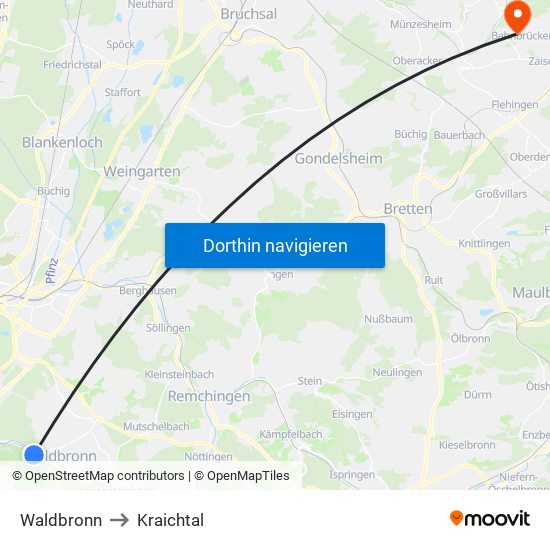Waldbronn to Kraichtal map