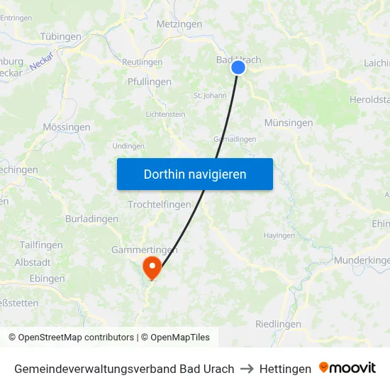 Gemeindeverwaltungsverband Bad Urach to Hettingen map