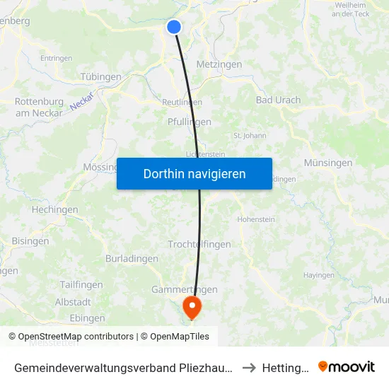 Gemeindeverwaltungsverband Pliezhausen to Hettingen map