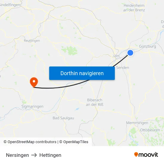 Nersingen to Hettingen map