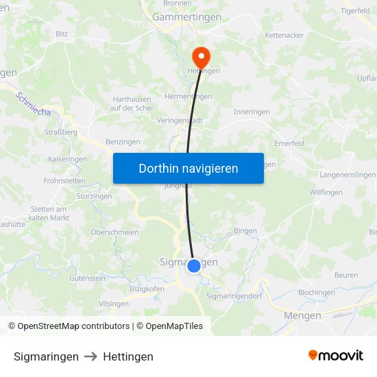 Sigmaringen to Hettingen map