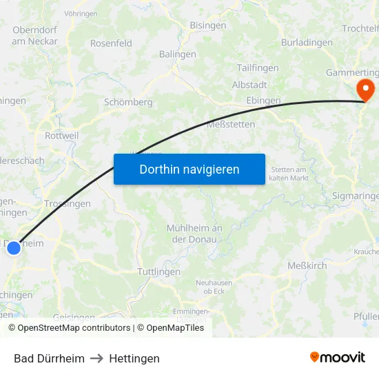 Bad Dürrheim to Hettingen map