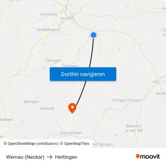 Wernau (Neckar) to Hettingen map