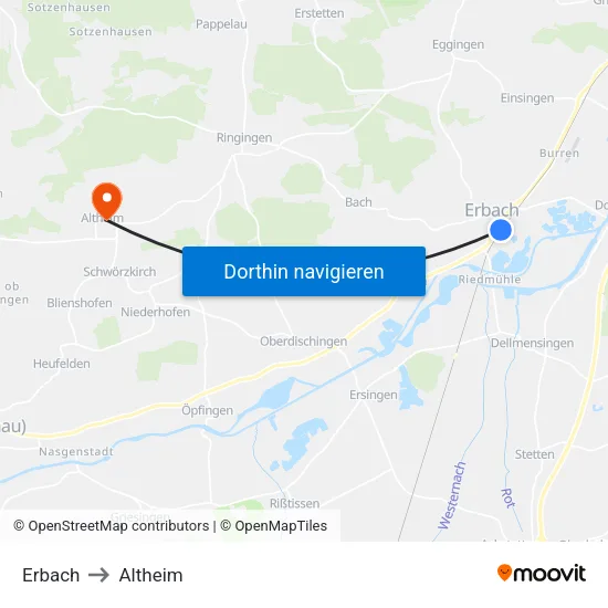 Erbach to Altheim map