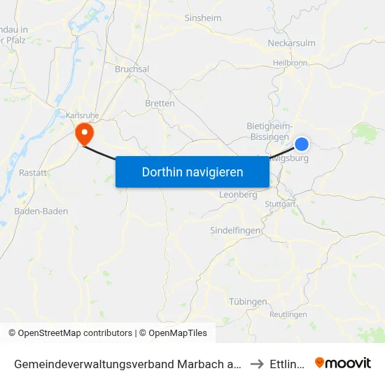 Gemeindeverwaltungsverband Marbach am Neckar to Ettlingen map