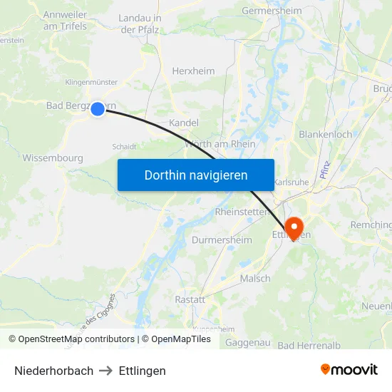 Niederhorbach to Ettlingen map
