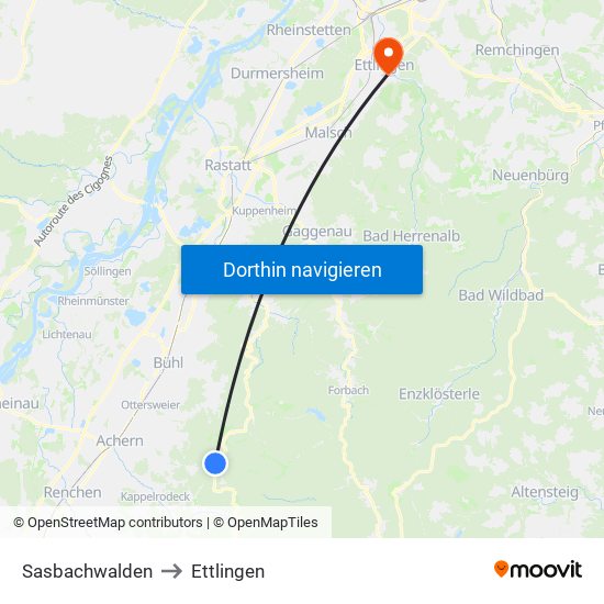 Sasbachwalden to Ettlingen map