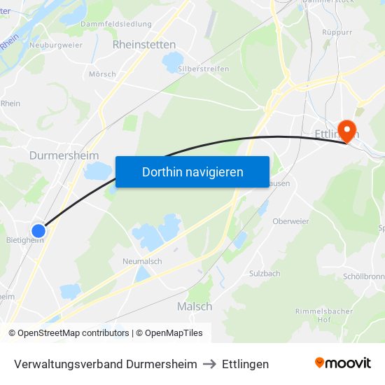 Verwaltungsverband Durmersheim to Ettlingen map