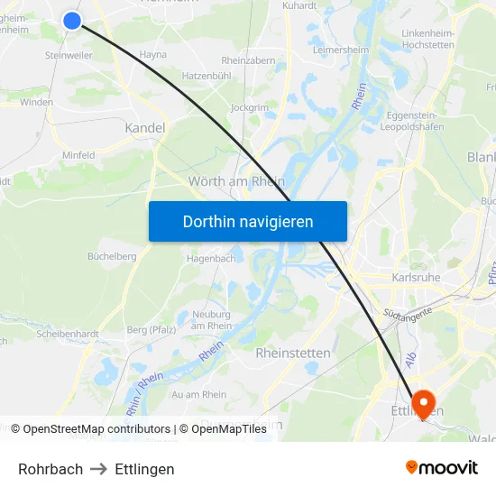 Rohrbach to Ettlingen map