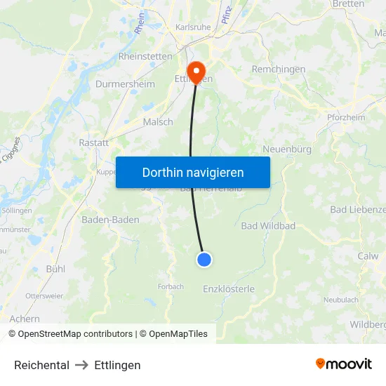 Reichental to Ettlingen map