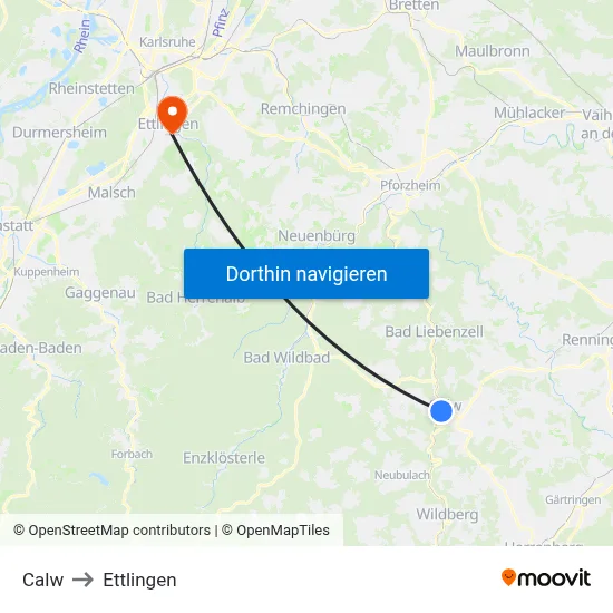 Calw to Ettlingen map