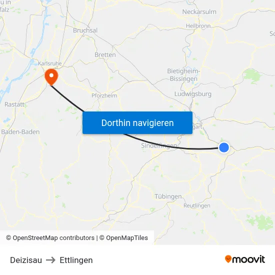 Deizisau to Ettlingen map