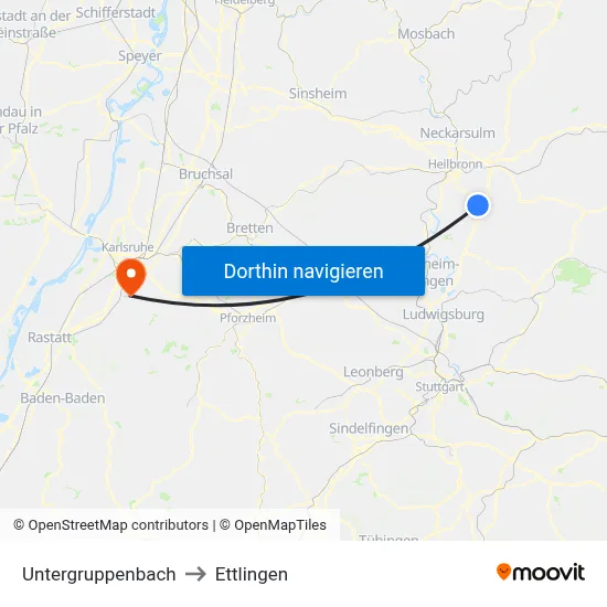 Untergruppenbach to Ettlingen map