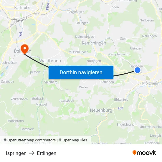 Ispringen to Ettlingen map