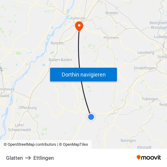 Glatten to Ettlingen map