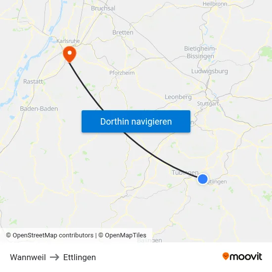 Wannweil to Ettlingen map