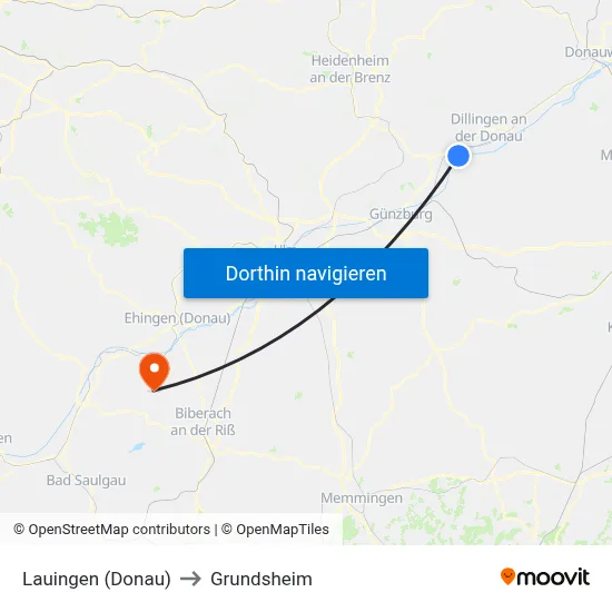 Lauingen (Donau) to Grundsheim map