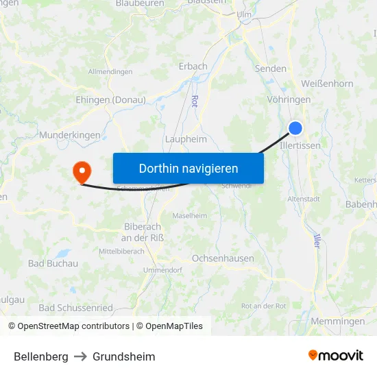 Bellenberg to Grundsheim map