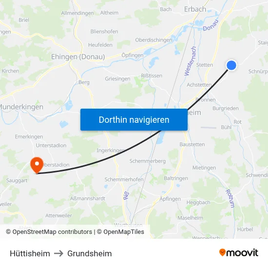 Hüttisheim to Grundsheim map