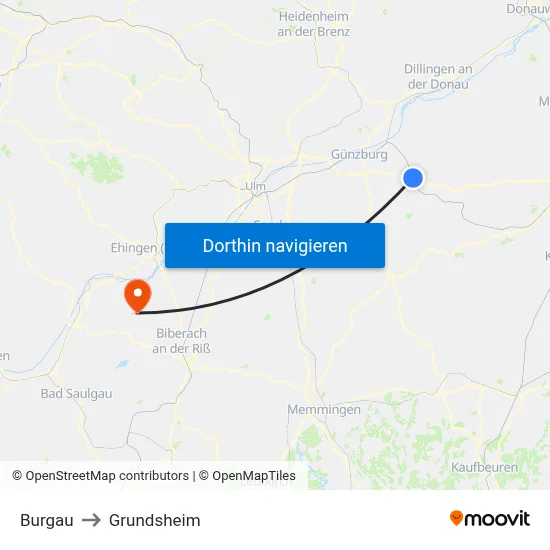 Burgau to Grundsheim map