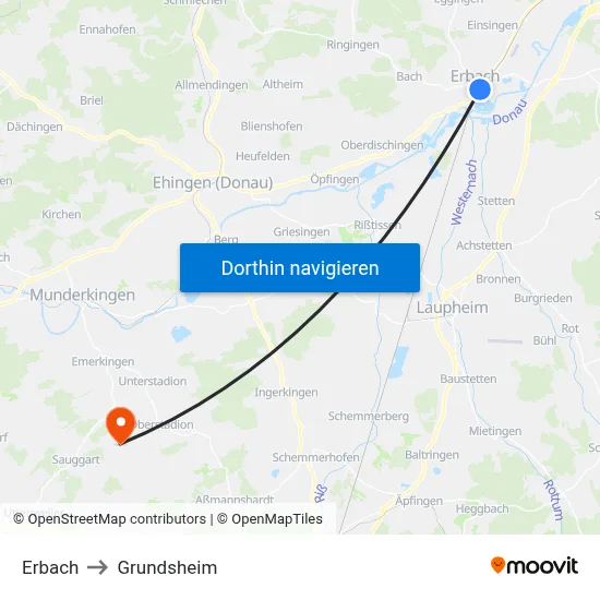 Erbach to Grundsheim map