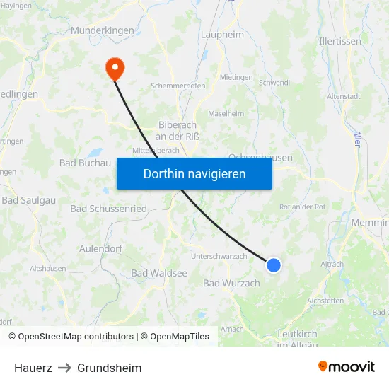 Hauerz to Grundsheim map