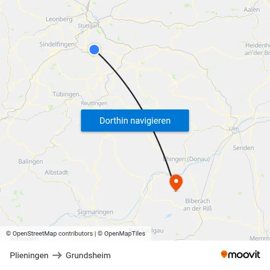 Plieningen to Grundsheim map
