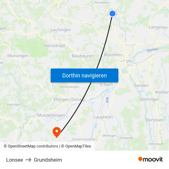 Lonsee to Grundsheim map