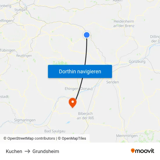 Kuchen to Grundsheim map
