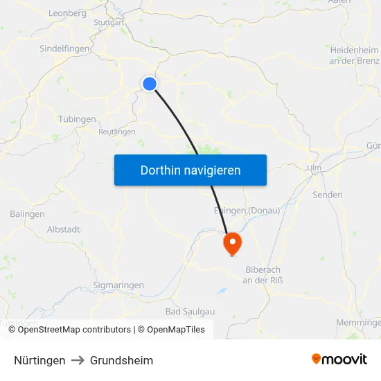 Nürtingen to Grundsheim map