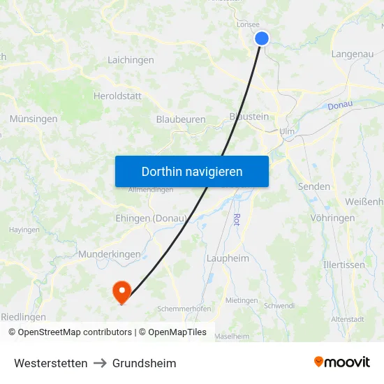 Westerstetten to Grundsheim map