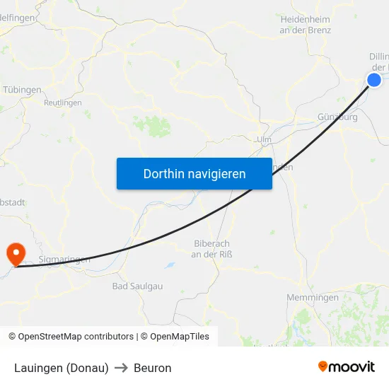 Lauingen (Donau) to Beuron map