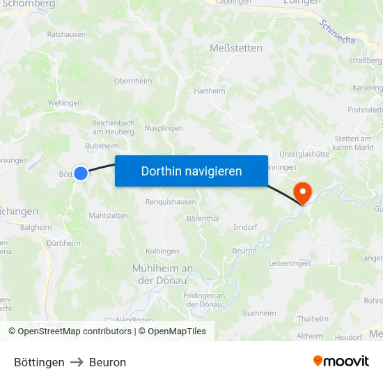 Böttingen to Beuron map