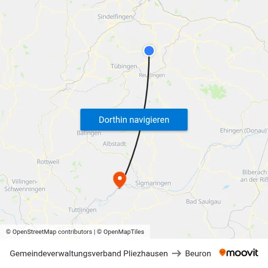 Gemeindeverwaltungsverband Pliezhausen to Beuron map