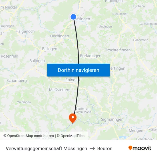 Verwaltungsgemeinschaft Mössingen to Beuron map