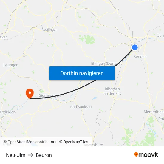 Neu-Ulm to Beuron map