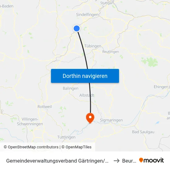 Gemeindeverwaltungsverband Gärtringen/Ehningen to Beuron map