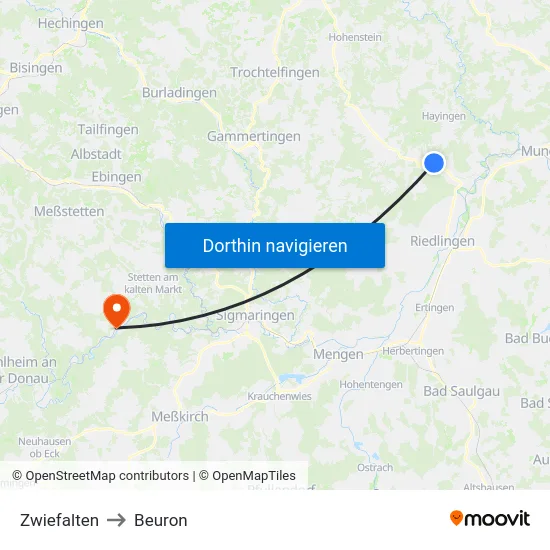 Zwiefalten to Beuron map