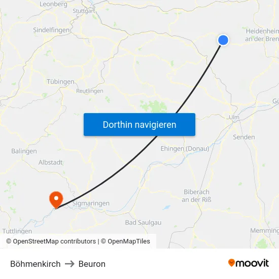Böhmenkirch to Beuron map