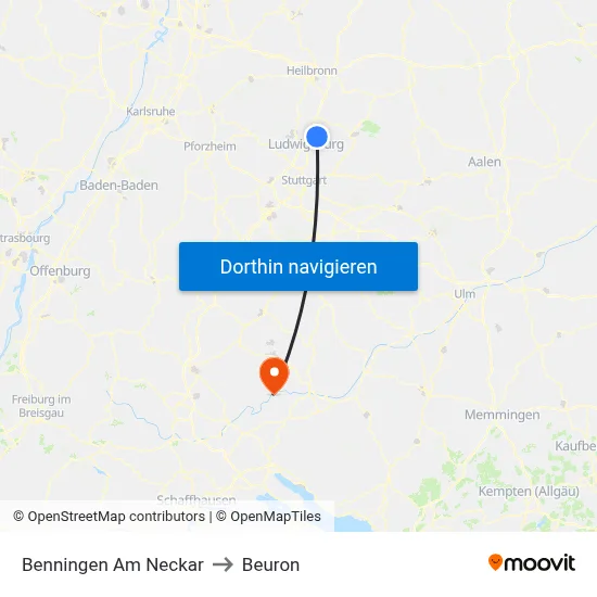 Benningen Am Neckar to Beuron map