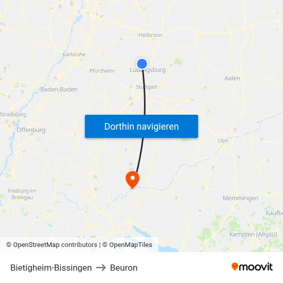 Bietigheim-Bissingen to Beuron map
